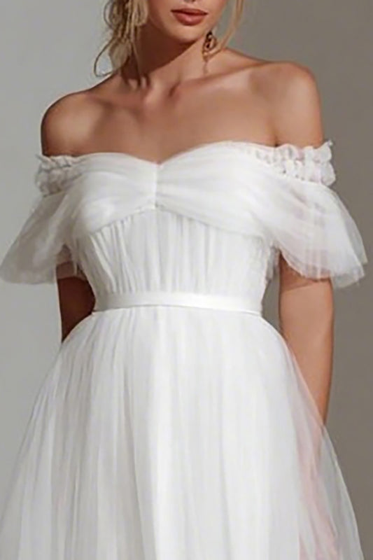 White Tulle Off the Shoulder A Line Midi Engagement Dress