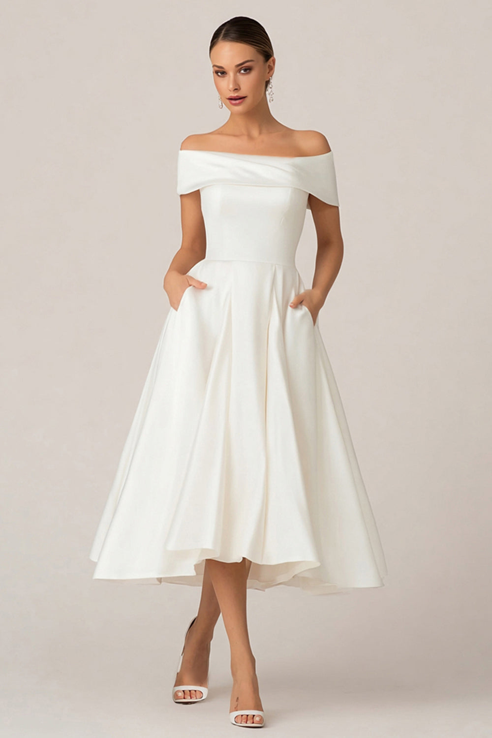 White Satin Off the Shoulder Midi Wedding Reception Dress with Pockets White Satin Off the Shoulder Midi Wedding Reception Dress with Pockets