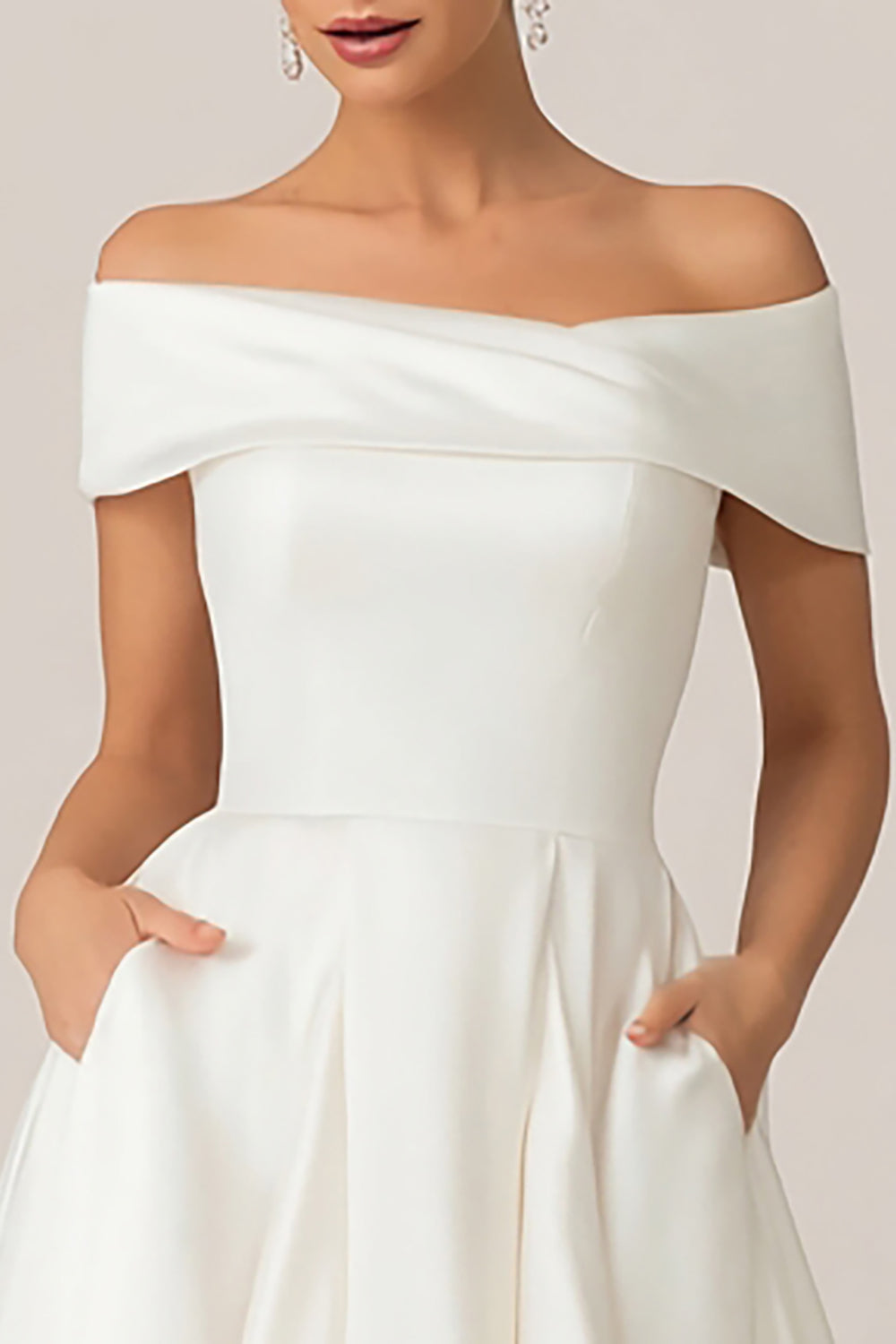 White Satin Off the Shoulder Midi Wedding Reception Dress with Pockets White Satin Off the Shoulder Midi Wedding Reception Dress with Pockets