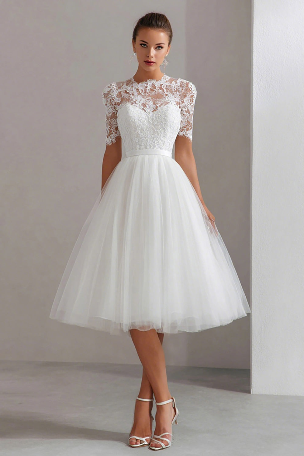 Zapakasa Women White Tulle Midi Engagement Dress with Lace Short Sleeves A Line Bridal Shower Dress Zapakasa Women White Tulle Midi Engagement Dress with Lace Short Sleeves A Line Bridal Shower Dress