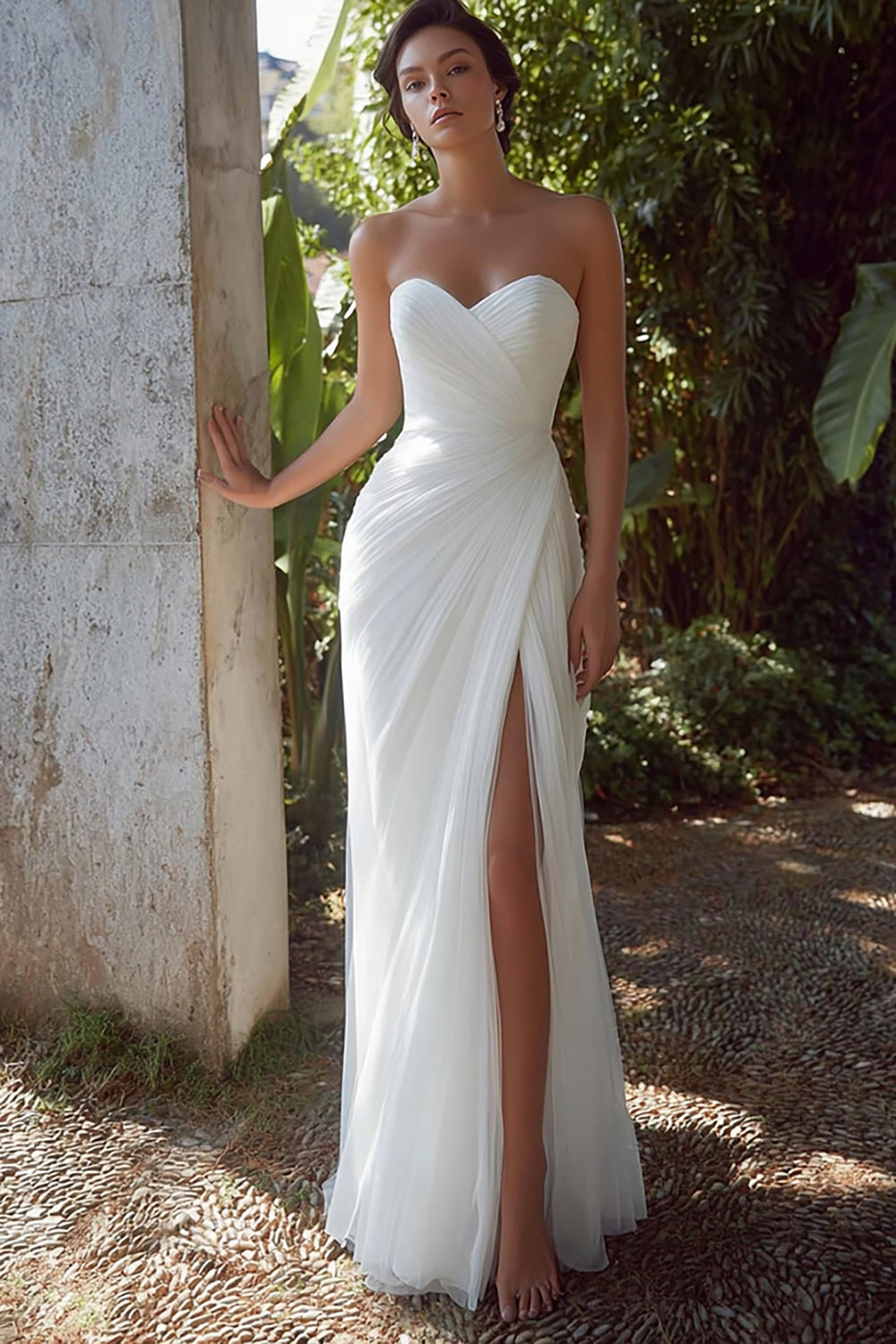 Zapakasa Women White Chiffon Long Engagement Dress with Slit Sweetheart Ruched Wedding Dress Zapakasa Women White Chiffon Long Engagement Dress with Slit Sweetheart Ruched Wedding Dress