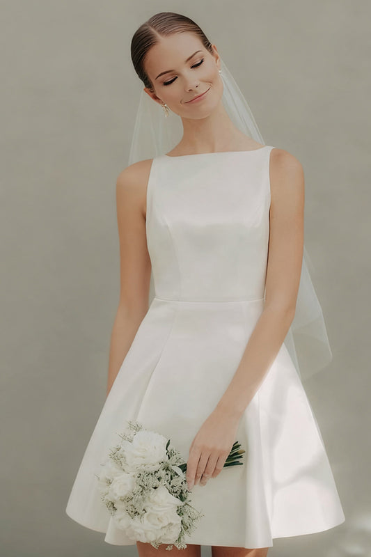 White A Line Satin Bateau Neck Short Wedding Dress