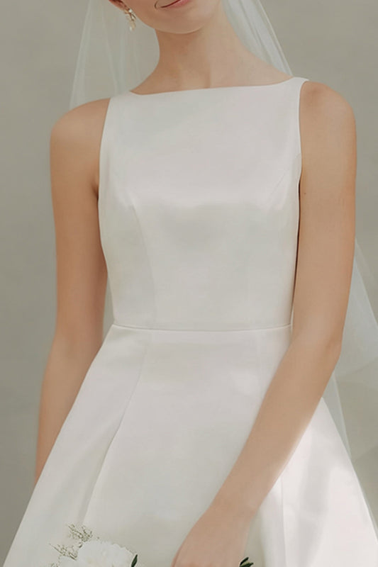 White A Line Satin Bateau Neck Short Wedding Dress