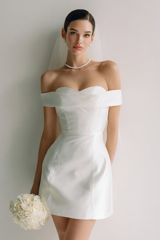 White Bodycon Off the Shoulder Satin Short Wedding Dress
