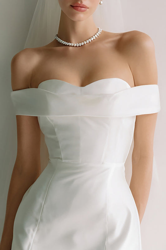 White Bodycon Off the Shoulder Satin Short Wedding Dress