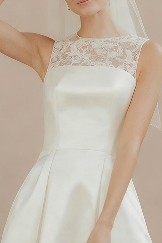 White A Line Satin Round Neck Short Wedding Dress with Lace