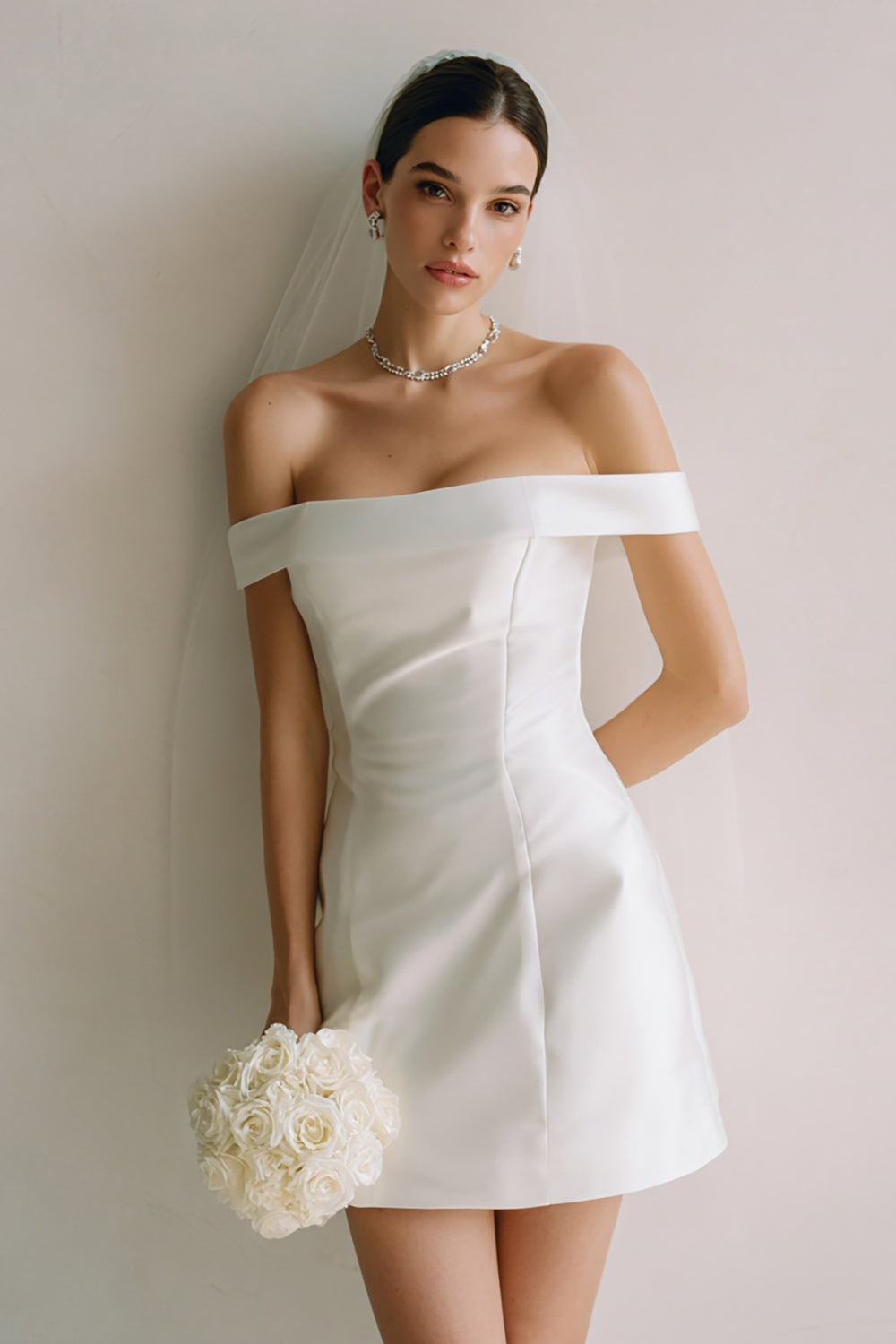 Zapaka Women White Courthouse Wedding Dress Off the Shoulder Satin Short Rehearsal Dinner Dress, White / UK32