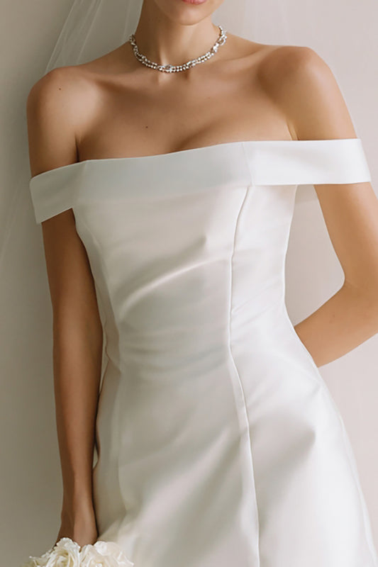 Simple White Satin Off the Shoulder Bodycon Short Wedding Dress