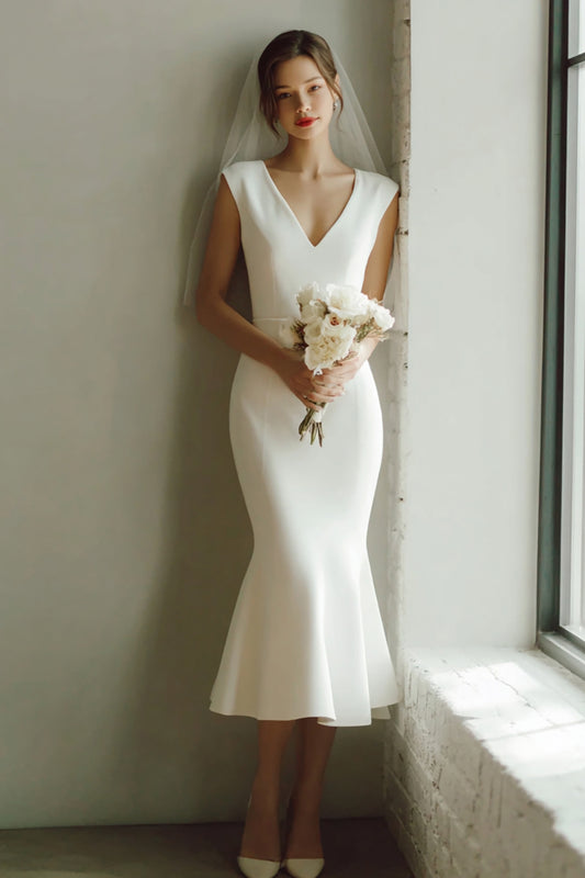 White Mermaid V-Neck Satin Midi Wedding Dress