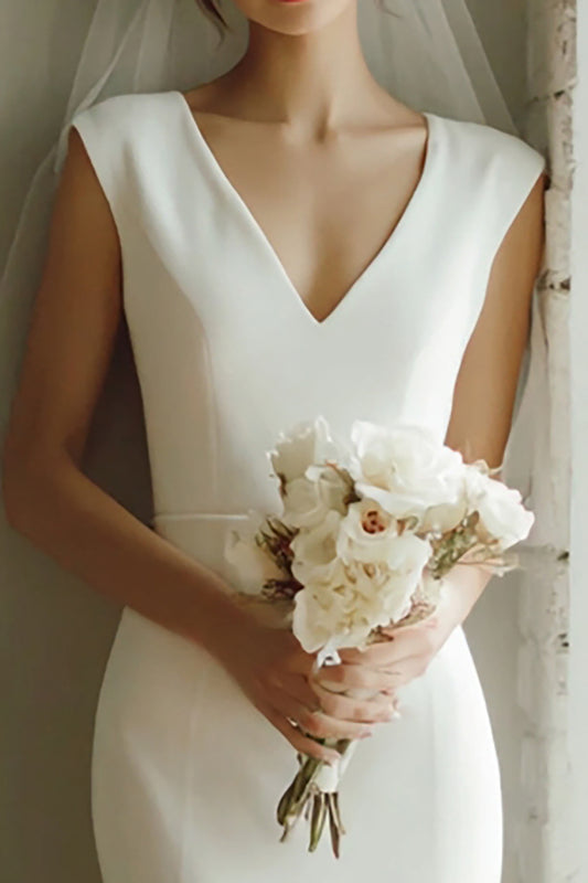 White Mermaid V-Neck Satin Midi Wedding Dress