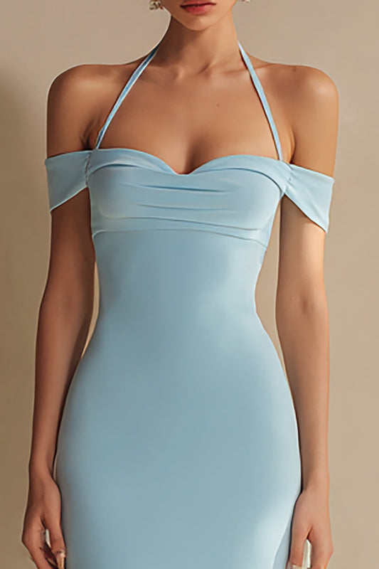 Sky Blue Halter Mermaid Long Formal Dress with Slit
