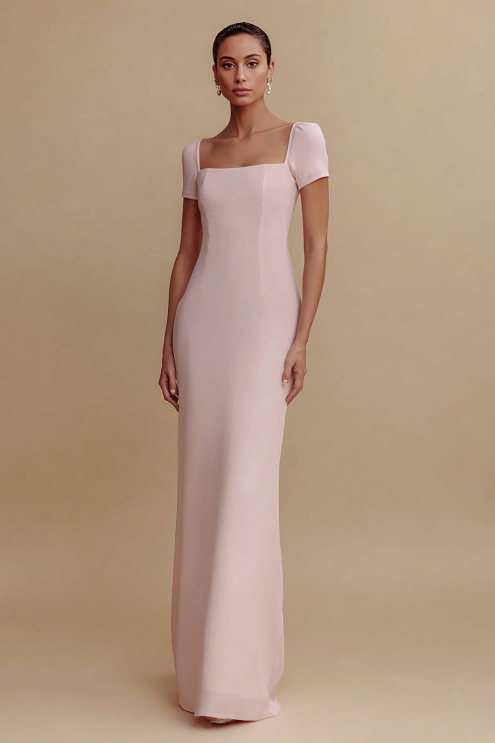 Zapakasa Women Pink Sheath Long Formal Dress with Sleeves Square Neck