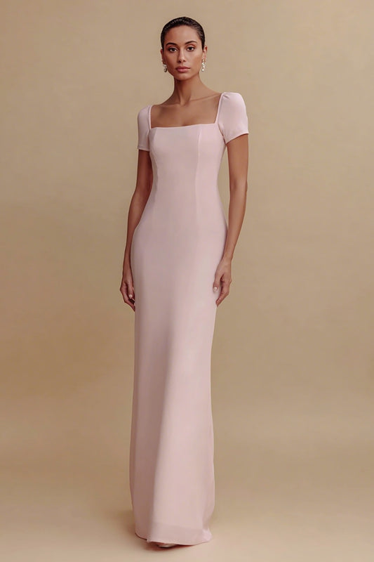 Simple Pink Sheath Long Formal Dress with Sleeves