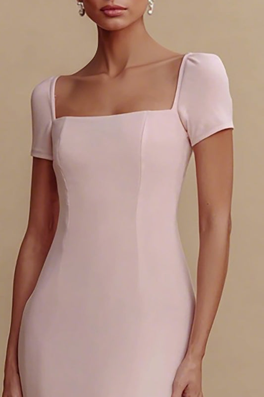 Simple Pink Sheath Long Formal Dress with Sleeves