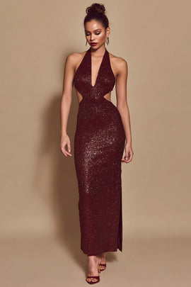 Sparkly Burgundy Sequin Halter Cut Out Mermaid Long Holiday Party Dress