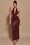 Sparkly Burgundy Sequin Halter Cut Out Mermaid Long Holiday Party Dress Sparkly Burgundy Sequin Halter Cut Out Mermaid Long Holiday Party Dress