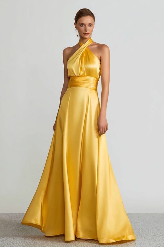 Yellow Satin Halter A Line Long Formal Dress