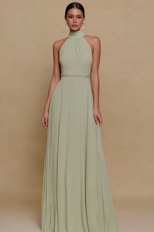 Dusty Sage Chiffon High Neck A Line Long Formal Dress