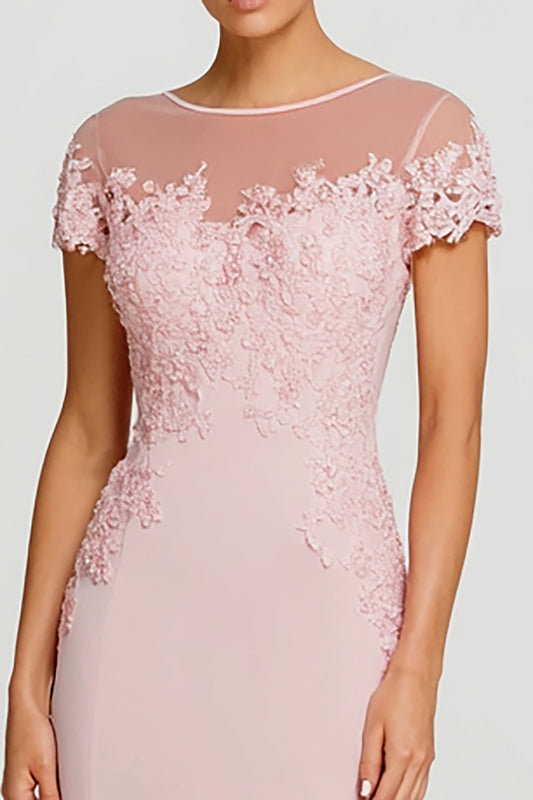 Pink Boat Neck Mermaid Long Formal Dress with Lace