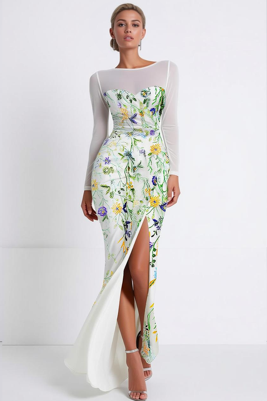 Floral Mermaid Boat Neck Long Sleeves Prom Dress with Slit