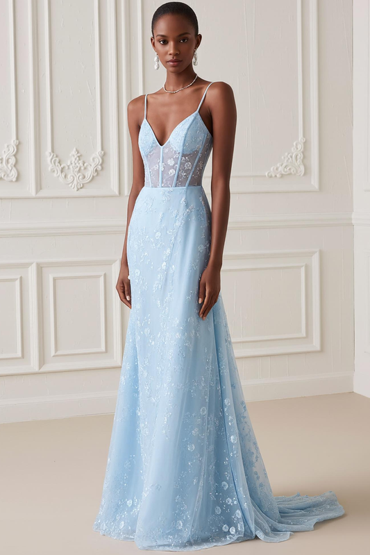 Light Blue Mermaid Spaghetti Straps Long Corset Prom Dress with Embroidery