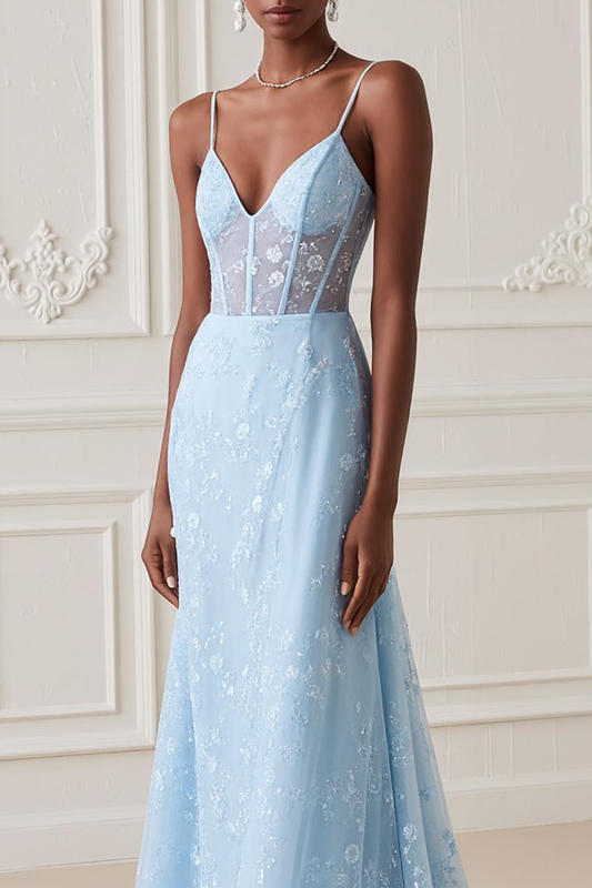 Light Blue Mermaid Spaghetti Straps Long Corset Prom Dress with Embroidery