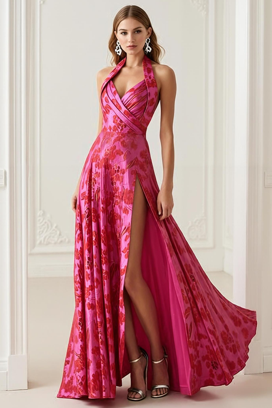 Fuchsia Floral Haler A Line Long Prom Dress with Slit