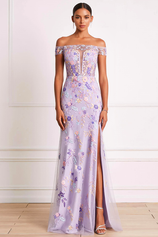 Lilac Off the Shoulder Sheath Floral Long Prom Dress with Slit