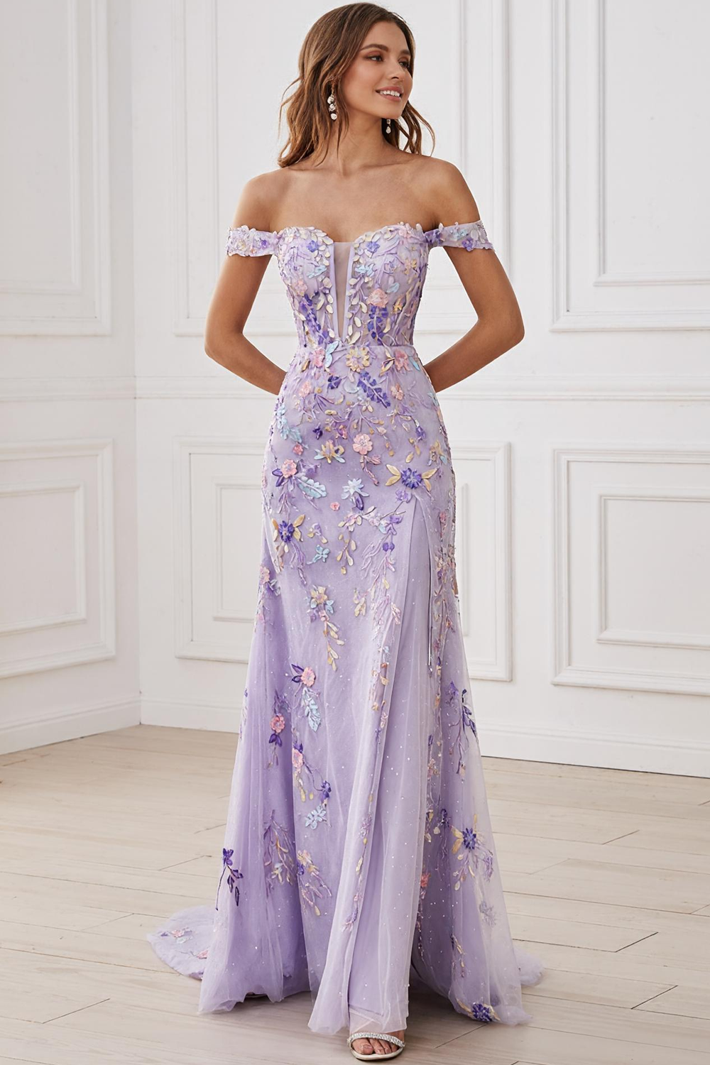 Zapakasa Women Lilac Floral Long Prom Dress with Slit Embroidered Off the Shoulder Mermaid Formal Dress Zapakasa Women Lilac Floral Long Prom Dress with Slit Embroidered Off the Shoulder Mermaid Formal Dress