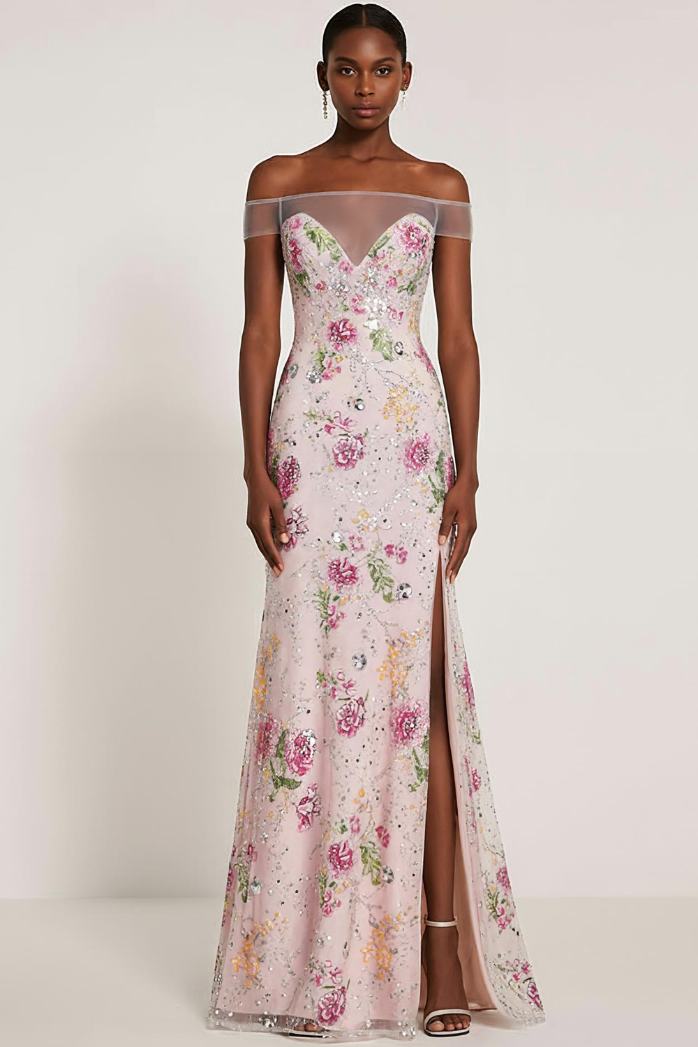 Zapakasa Women Sparkly Light Pink Floral Long Prom Dress with Slit Off