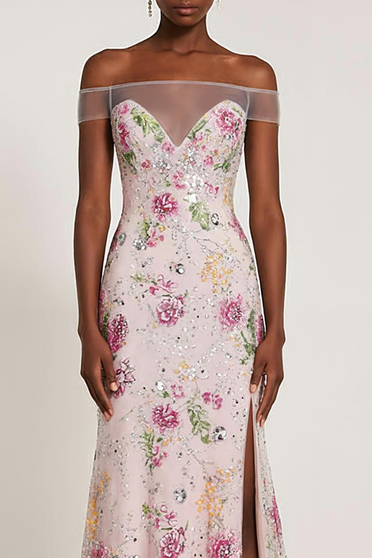 Sparkly Light Pink Off the Shoulder Floral Long Prom Dress with Slit