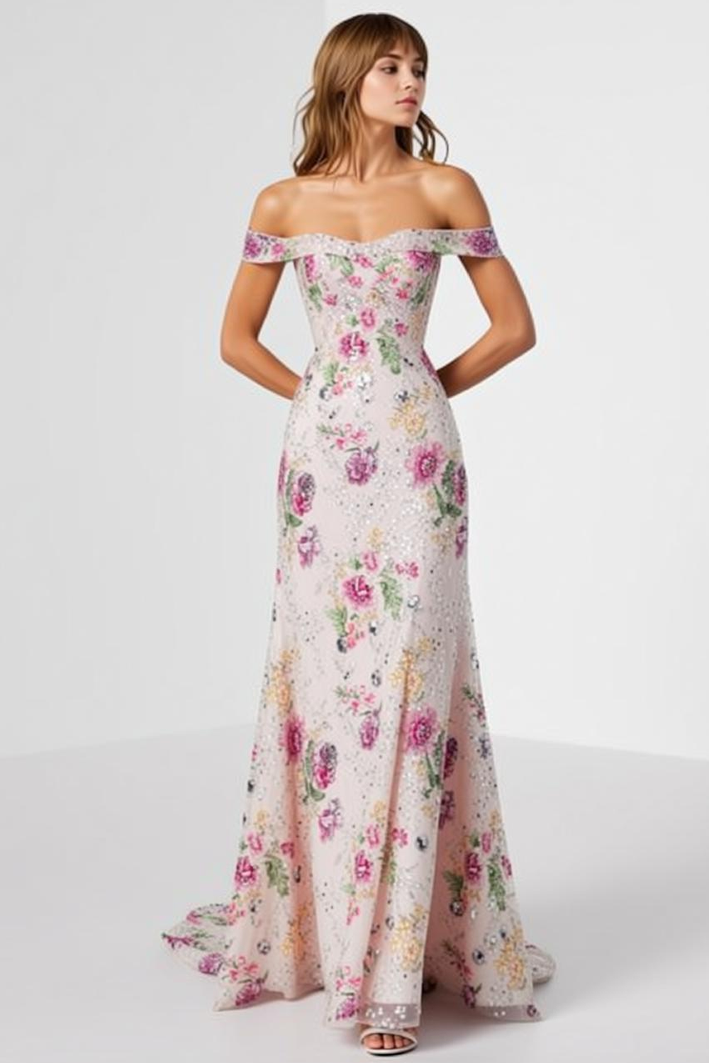 Zapakasa Women Sparkly Floral Light Pink Long Prom Dress with Sequins
