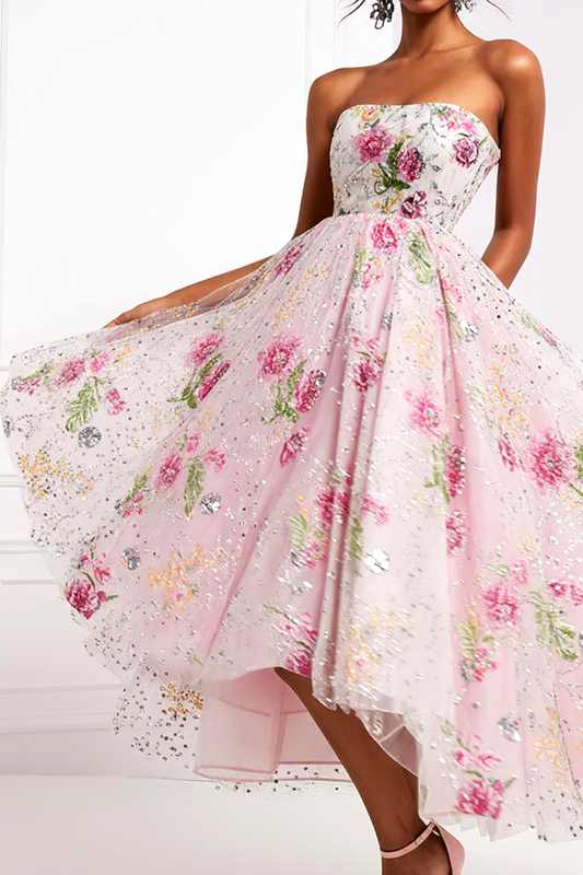Sparkly Light Pink Floral Strapless A Line Long Prom Dress
