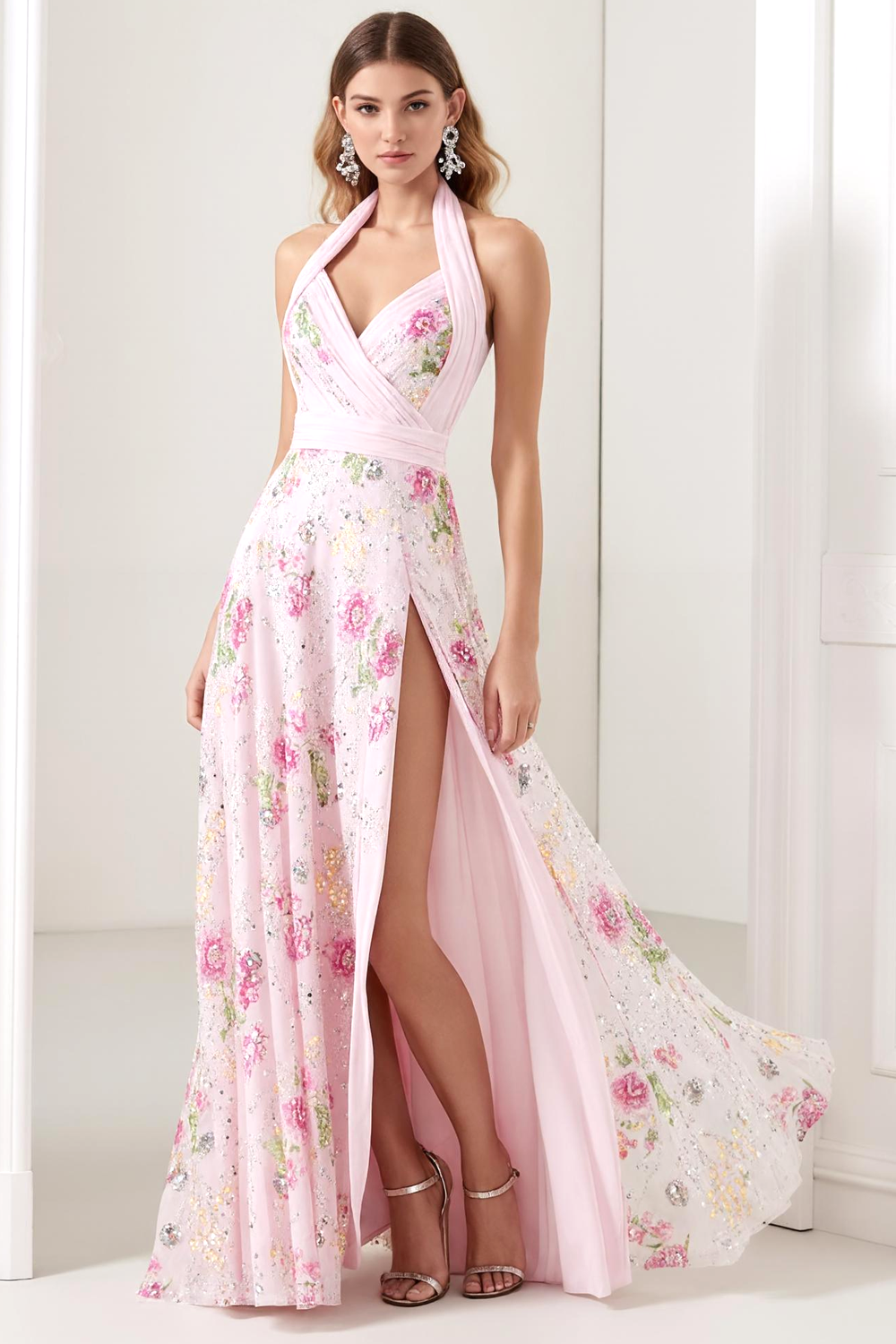 Zapakasa Women Sparkly Light Pink Floral Long Prom Dress with Sequins Halter A Line Gala Dress with Slit Zapakasa Women Sparkly Light Pink Floral Long Prom Dress with Sequins Halter A Line Gala Dress with Slit