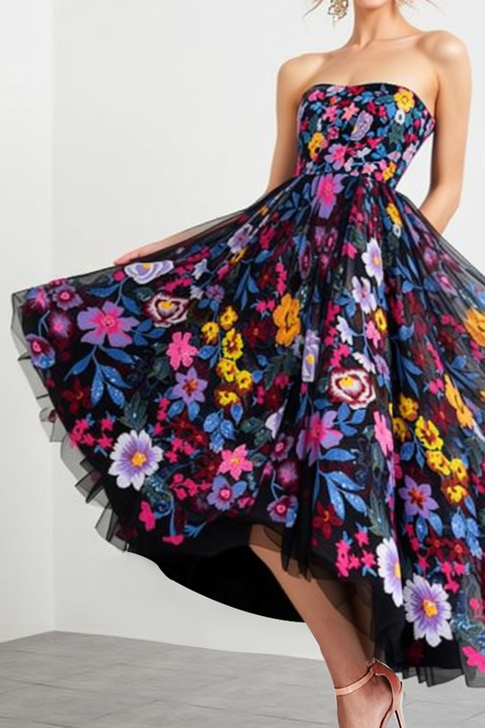 Black A Line Floral Strapless Long Prom Dress