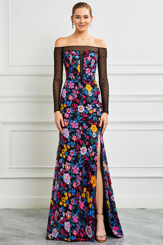 Black Floral Off the Shoulder Long Sleeves Prom Dress with Slit