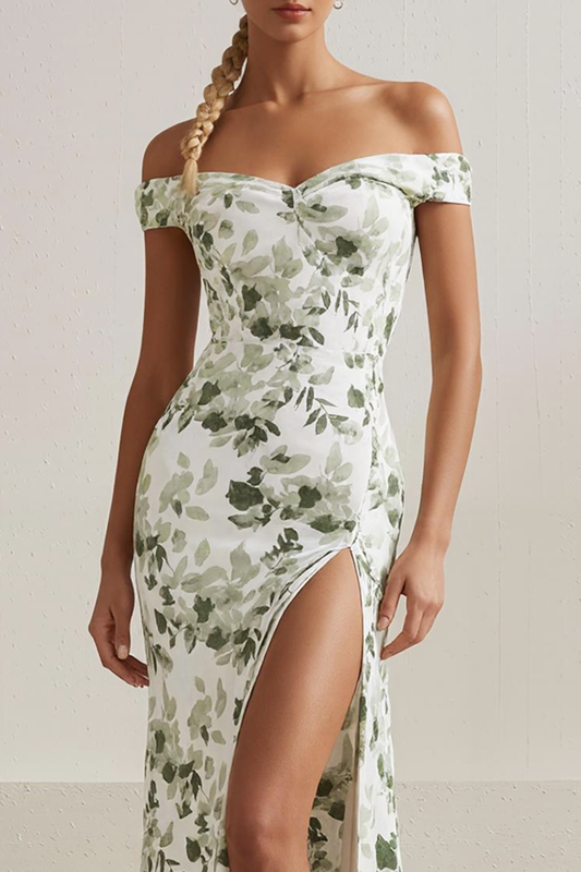 White Floral Mermaid Off the Shoulder Long Prom Dress with Slit