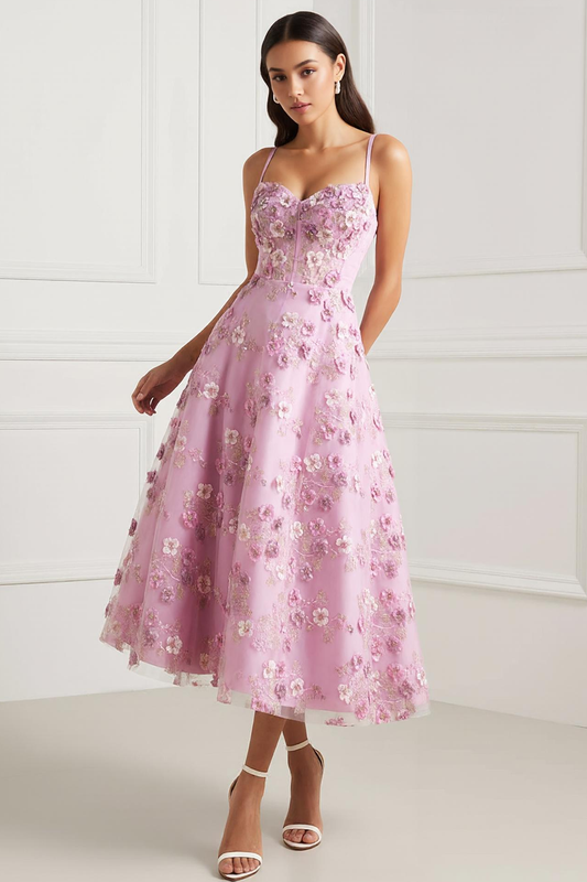 Pink Floral Spaghetti Straps Appliqued Corset Midi Prom Dress