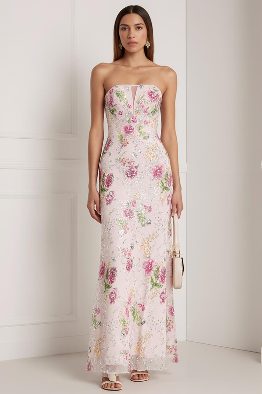 Sparkly Pink Floral Beaded Strapless Mermaid Long Prom Dress with Keyhole