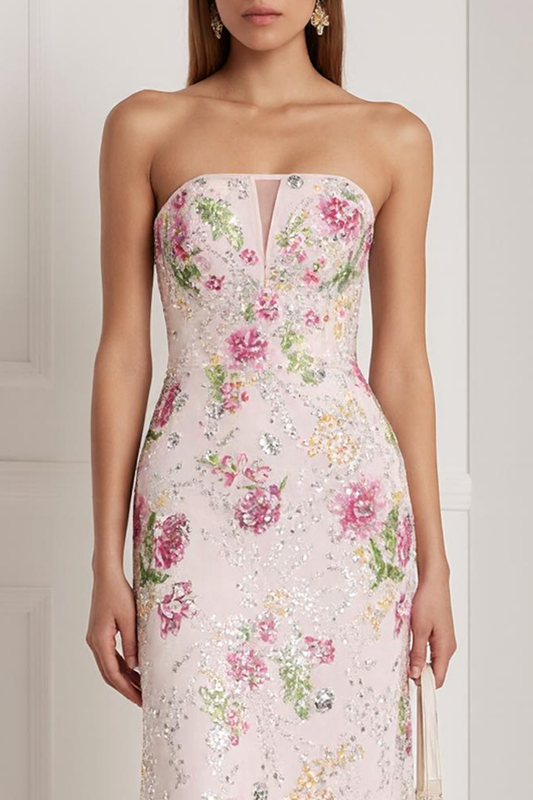 Sparkly Pink Floral Beaded Strapless Mermaid Long Prom Dress with Keyhole