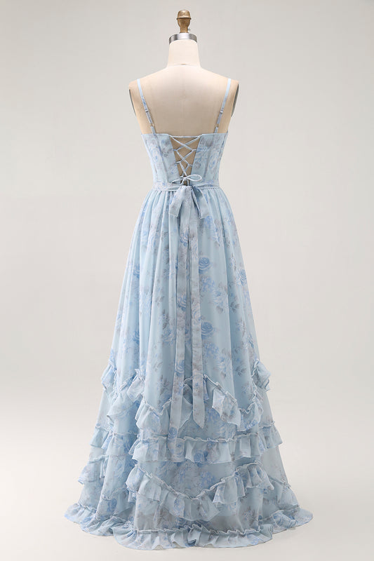 Blue A Line Floral Ruffled Long Bridesmaid Dress with Slit