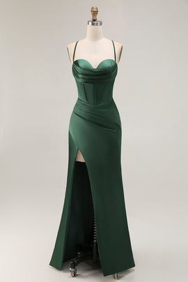 Dark Green Corset Mermaid Satin Long Wedding Guest Dress with Slit
