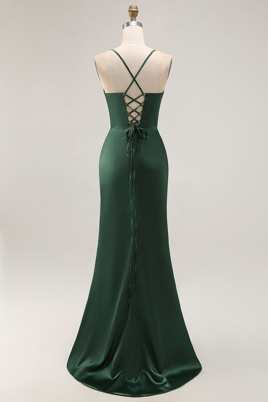 Dark Green Corset Mermaid Satin Long Wedding Guest Dress with Slit