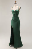 Dark Green Corset Mermaid Satin Long Wedding Guest Dress with Slit Dark Green Corset Mermaid Satin Long Wedding Guest Dress with Slit
