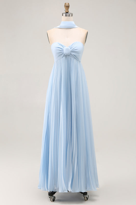 Sky Blue A Line Neck Scarf Pleated Long Bridesmaid Dress