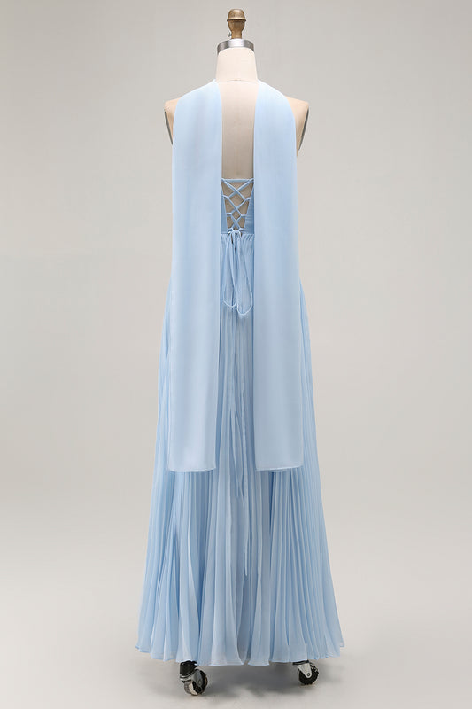 Sky Blue A Line Neck Scarf Pleated Long Bridesmaid Dress