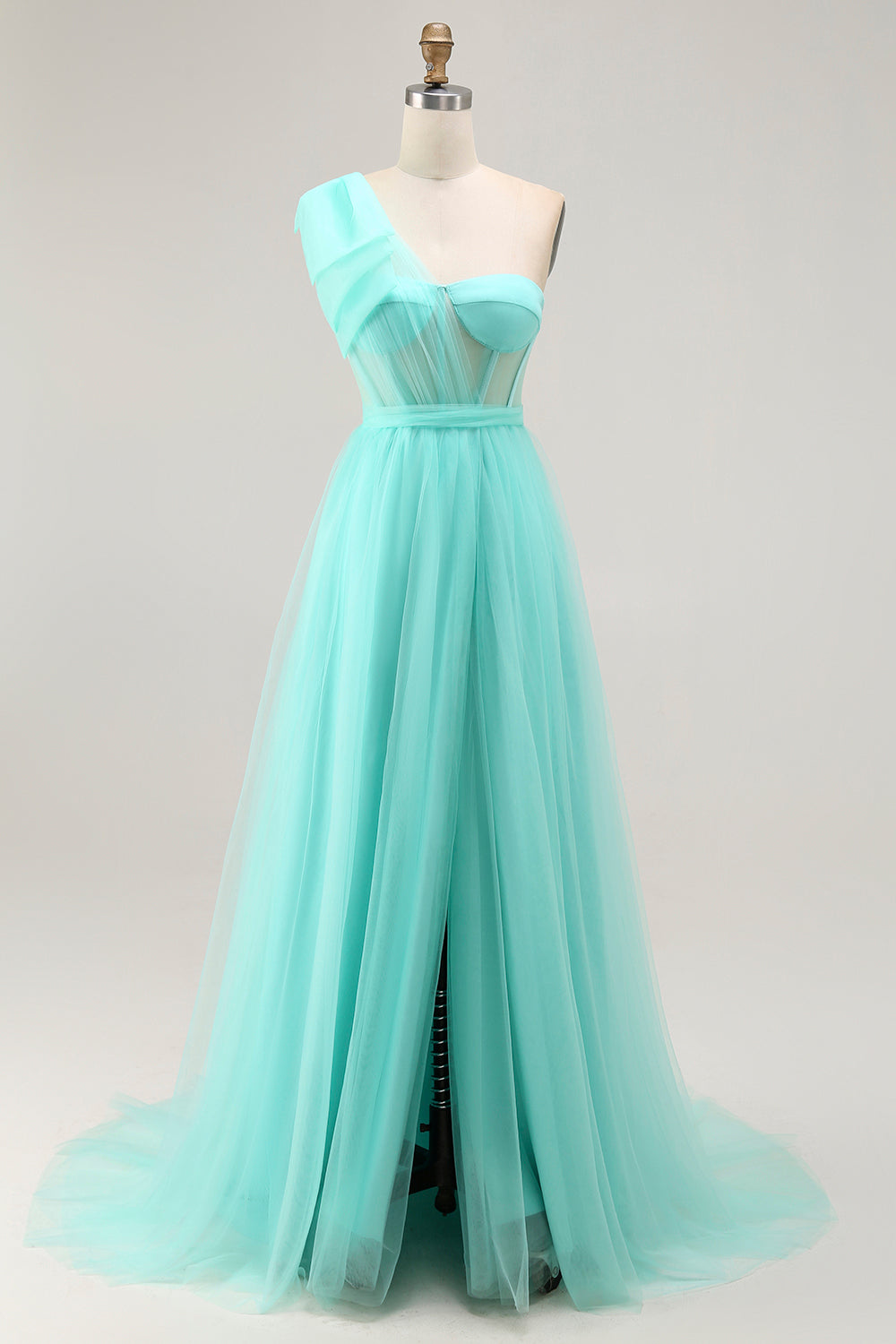 Mint Green Corset One Shoulder A Line Long Wedding Guest Dress with Slit Mint Green Corset One Shoulder A Line Long Wedding Guest Dress with Slit
