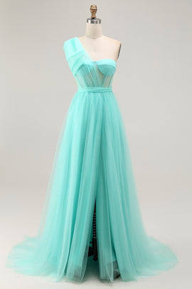 Mint Green Corset One Shoulder A Line Long Wedding Guest Dress with Slit