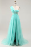 Mint Green Corset One Shoulder A Line Long Wedding Guest Dress with Slit Mint Green Corset One Shoulder A Line Long Wedding Guest Dress with Slit
