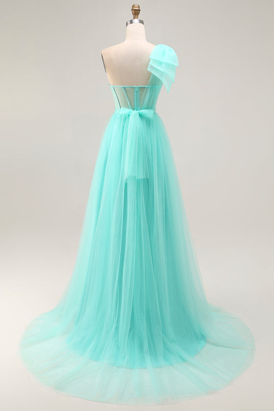 Mint Green Corset One Shoulder A Line Long Wedding Guest Dress with Slit